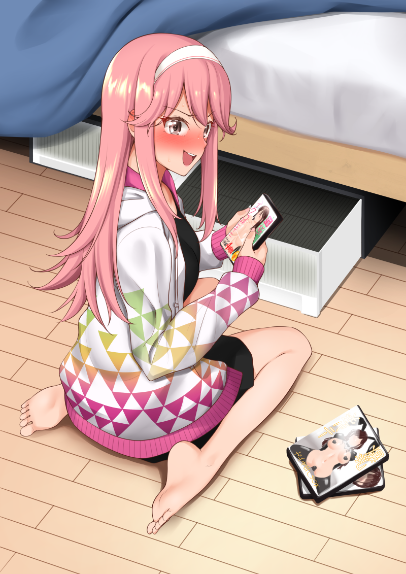 1girl bed bedroom black_dress blush commentary_request dream_c_club dream_c_club_(series) dream_c_club_gogo. dress dvd_case ear_blush feet from_behind grey_eyes hairband hisakabe_oto jacket long_hair looking_at_viewer looking_back meme_attire noko_(dream_c_club_gogo.) nose_blush open_mouth pink_hair pornography reverse_bunnysuit reverse_outfit sitting skirt solo thighs wariza white_hairband wooden_floor
