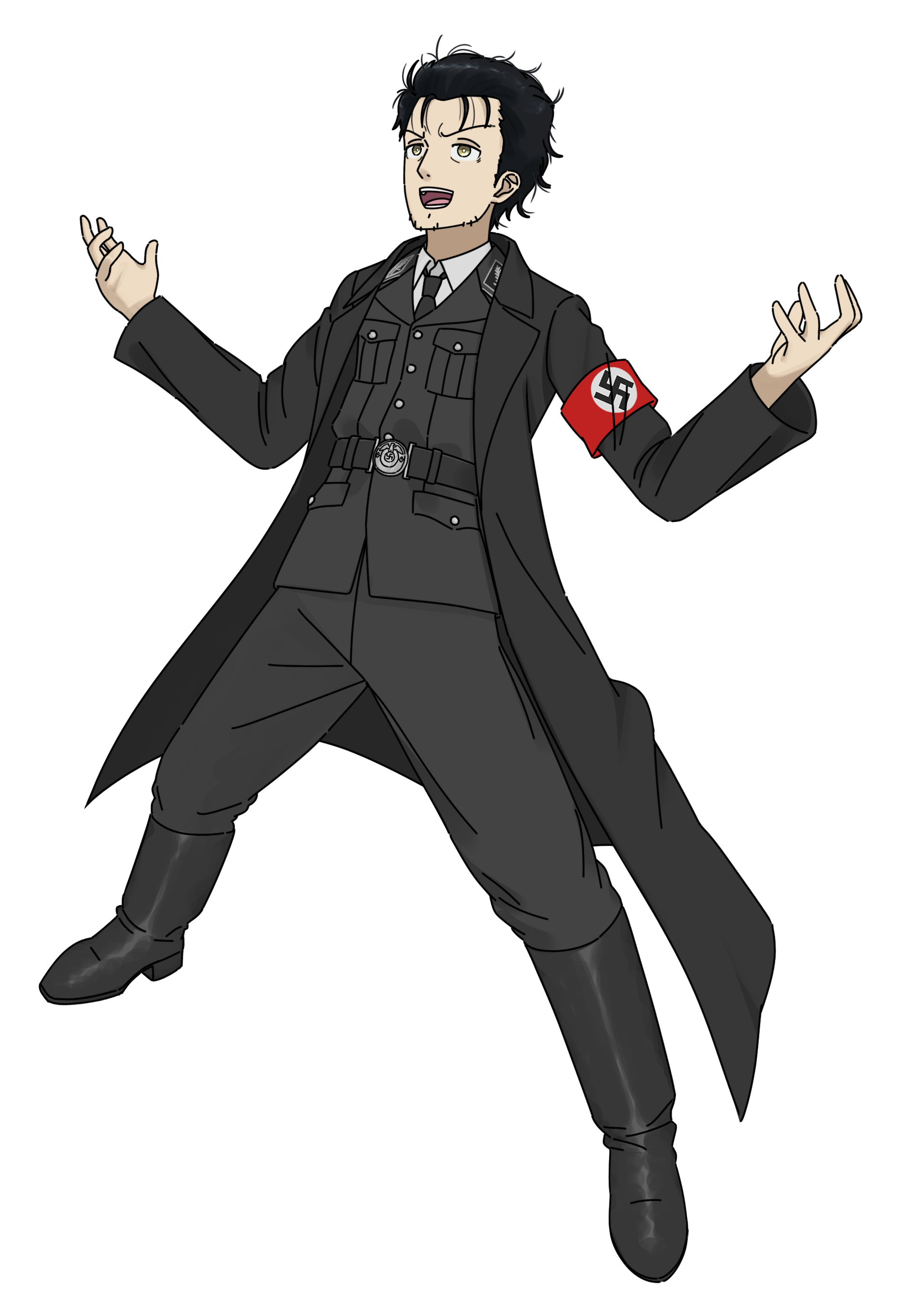 1boy absurdres armband belt black_belt black_boots black_cat03 black_coat black_hair black_pants boots breast_pocket coat collar collar_tabs german_army germany highres jacket military_dress_uniform military_jacket military_uniform nazi nazi_flag necktie okabe_rintarou pants pocket red_armband reichsadler short_hair ss_insignia ss_uniform steins;gate swastika waffen-ss world_war_ii yellow_eyes