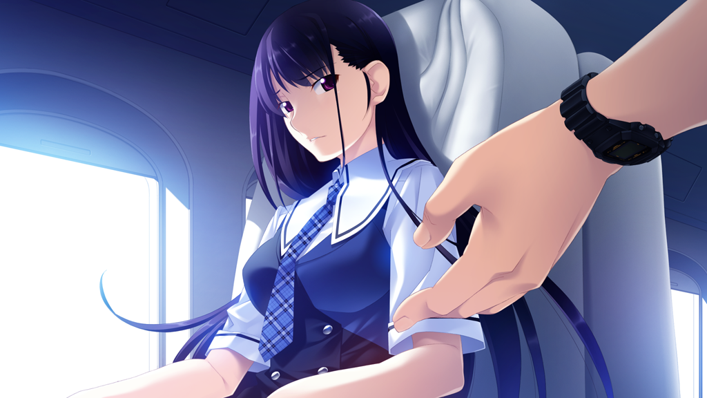 1boy 1girl airplane_interior black_dress black_hair blue_dress blue_necktie breasts buttons double-breasted dress game_cg grisaia_(series) grisaia_no_kajitsu hair_behind_ear kazami_yuuji leather_chair long_hair looking_at_another medium_breasts necktie non-web_source on_chair outstretched_hand parted_lips plaid_clothes plaid_necktie purple_eyes sailor_collar sakaki_yumiko shirt short_sleeves sitting two-tone_dress upper_body very_long_hair watanabe_akio watch white_sailor_collar white_shirt window wristwatch