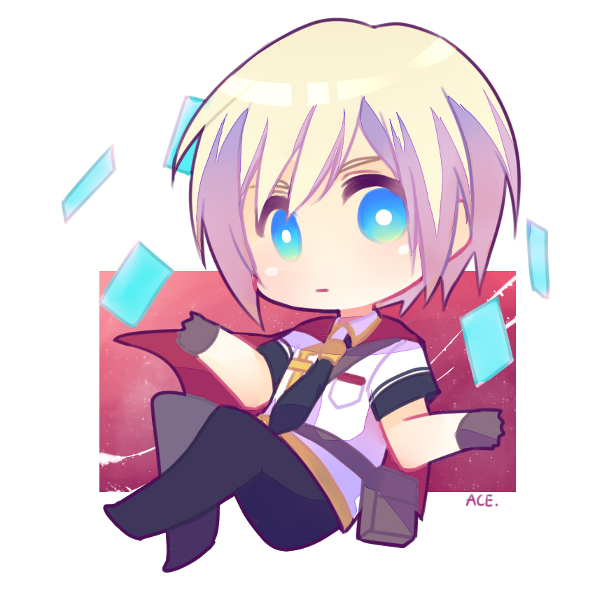 1boy ace_(fft-0) belt belt_pouch black_necktie black_pants blonde_hair blue_eyes bright_pupils brown_belt brown_gloves cape chibi chibi_only collared_shirt commentary_request crossed_ankles expressionless final_fantasy final_fantasy_type-0 full_body gloves green_eyes hands_up looking_at_viewer male_focus multicolored_eyes necktie pants pentacle_dark pouch red_background red_cape shirt signature sitting solo white_shirt
