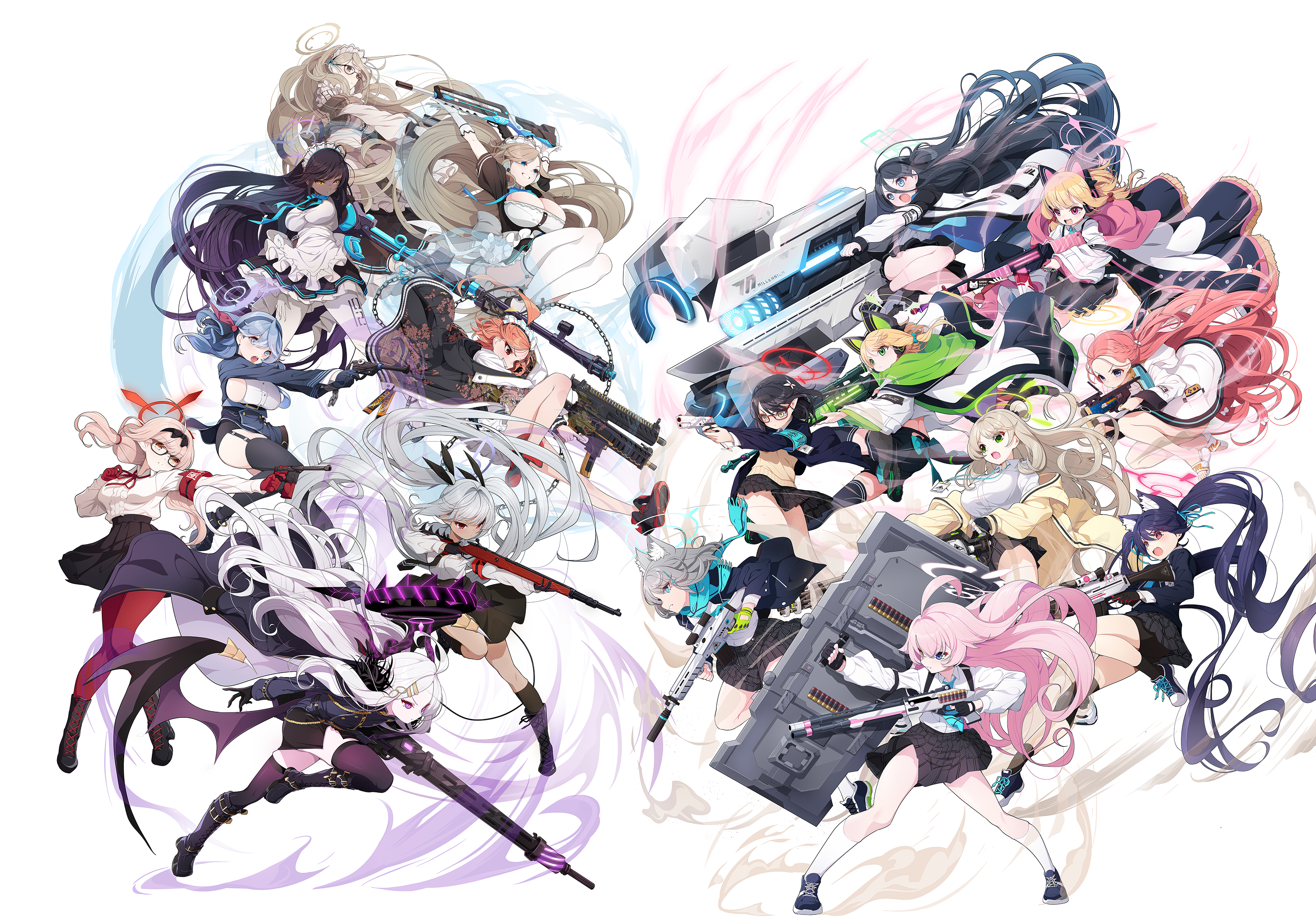 6+girls ahoge aiming akane_(blue_archive) ako_(blue_archive) animal_ears anti-materiel_rifle apron aris_(blue_archive) armband assault_rifle asuna_(blue_archive) aura ayane_(blue_archive) battle_rifle beretta_1301 beretta_ar70/90 black-framed_eyewear black_gloves black_hair blonde_hair blue_archive blue_hair bolt_action boys_anti_tank_rifle brown_hair bullpup check_weapon chinatsu_(blue_archive) cleaning_&_clearing_(blue_archive) collage commentary_request dark-skinned_female dark_skin demon_horns famas fighting_stance fingerless_gloves floating_hair foreclosure_task_force_(blue_archive) game_development_department_(blue_archive) gatling_gun glasses gloves grenade_launcher grey_hair gun h&k_g3 h&k_g3 halo handgun highres hina_(blue_archive) holding holding_gun holding_shield holding_weapon horns hoshino_(blue_archive) iori_(blue_archive) jacket karin_(blue_archive) koflif luger_p08 m134_minigun m320 machine_gun maid maid_apron maid_headdress mauser_98 mauser_c96 mg42 midori_(blue_archive) momoi_(blue_archive) multiple_girls neru_(blue_archive) nonomi_(blue_archive) opposing_sides pantyhose pink_hair pointy_ears prefect_team_(blue_archive) railgun red-framed_eyewear red_armband rifle school_uniform serika_(blue_archive) shield shiroko_(blue_archive) shotgun sig_mpx sig_p228/p229 sig_sauer sig_sauer_556 simple_background sniper_rifle submachine_gun sukajan thighhighs two-sided_fabric two-sided_jacket weapon weapon_request welrod white_apron white_background white_jacket white_pantyhose white_thighhighs wolf_ears yuzu_(blue_archive)