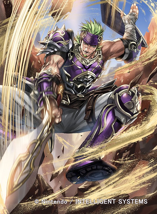 1boy armor bandages beard boots company_name facial_hair fingerless_gloves fire_emblem fire_emblem:_the_sacred_stones fire_emblem_cipher gerik_(fire_emblem) gloves green_eyes green_hair headband kuroba.k male_focus nintendo official_art sand scar shield solo sword teeth weapon