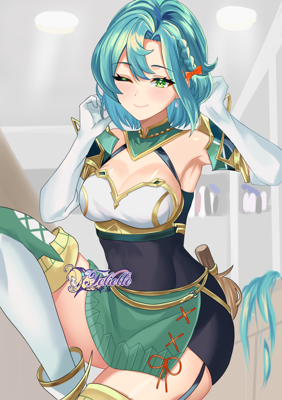 1girl ;) alternate_hair_length alternate_hairstyle aqua_hair armpits bare_shoulders blush breasts chloe_(fire_emblem) cleavage commentary earrings felielle fire_emblem fire_emblem_engage gloves green_eyes hair_between_eyes jewelry large_breasts looking_at_viewer nintendo one_eye_closed short_hair skindentation smile solo thighhighs thighs white_gloves