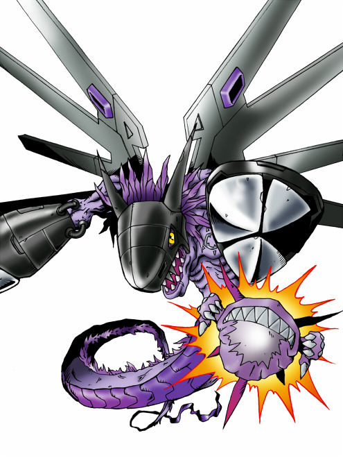 digimon digimon_(creature) dragon fire gigadramon missile sharp_teeth solo teeth yellow_eyes