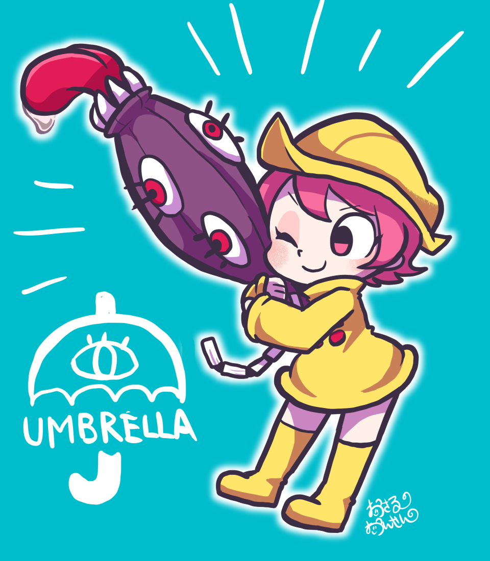 1girl ^^^ blue_background blush_stickers boots chibi hat hug hungern_(skullgirls) japanese_text one_eye_closed osarunoonsen pink_eyes pink_hair raincoat red_eyes sharp_teeth short_hair skullgirls smile solo teeth tongue tongue_out umbrella_(skullgirls)