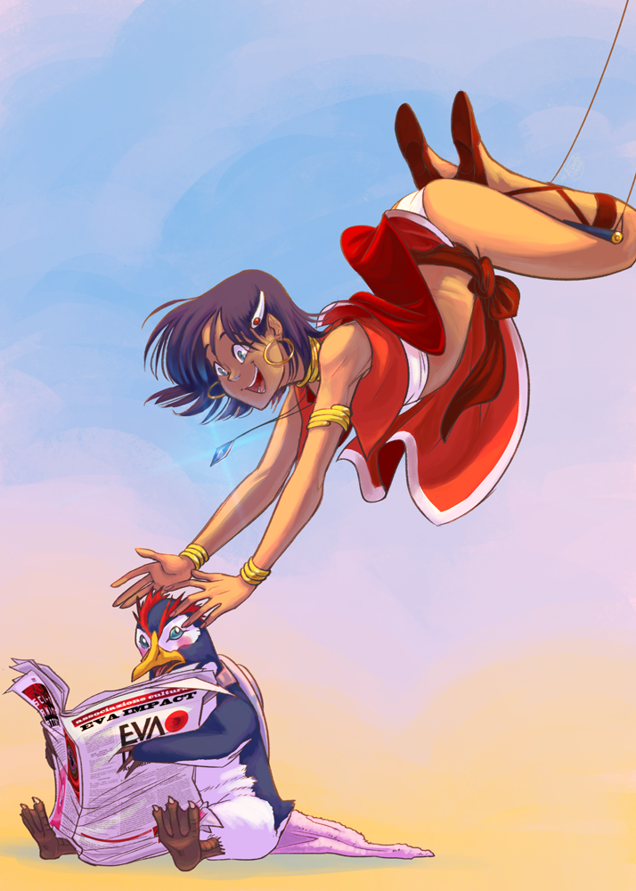 1girl :d acrobatics arched_back armlet ass bandeau bare_shoulders belt bird blue_background blue_eyes blush blush_stickers bob_cut bracelet brown_belt brown_sandals brown_sash clothes_lift commentary cropped_vest cross-laced_sandals crossover dark-skinned_female dark_skin earrings english_commentary excited floating_hair full_body fushigi_no_umi_no_nadia gold_armlet gold_bracelet gold_earrings gradient_background green_eyes hair_ornament hairclip hanging holding holding_newspaper hoop_earrings jewelry midriff nadia_la_arwall neck_ring neon_genesis_evangelion newspaper on_ground on_swing open_clothes open_mouth open_vest orange_background panties pelvic_curtain penguin penpen purple_background purple_hair raised_eyebrows reaching reaching_towards_another reading red_skirt red_vest sandals sara_antonellini shoe_soles short_hair sitting skirt skirt_lift sleeveless smile solo strapless swing toon_(style) towel trapeze tube_top underwear upside-down vest white_bandeau white_panties white_trim