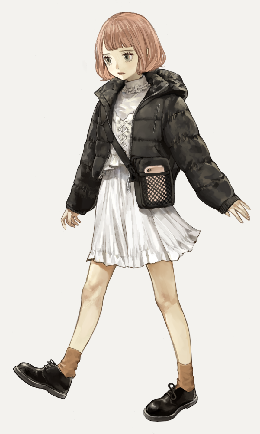 1girl ankle_socks bag black_bag black_jacket black_shoes blunt_bangs bob_cut brown_hair brown_socks closed_mouth commentary dated_commentary dress flat_chest full_body grey_eyes highres hood hood_down hooded_jacket jacket lips long_sleeves looking_afar open_clothes open_jacket original sakauchi_waka shoes short_hair shoulder_bag simple_background sleeves_past_wrists socks solo turtleneck turtleneck_dress white_background white_dress