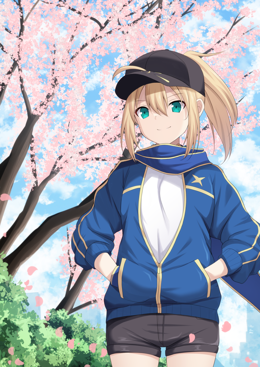 1girl artoria_pendragon_(fate) baseball_cap black_hat blonde_hair blue_jacket blue_scarf blue_sky breasts cherry_blossoms cloud cloudy_sky cross_(crossryou) day falling_petals fate/grand_order fate_(series) flower green_eyes hair_between_eyes hat highres insert_pocket jacket long_sleeves looking_at_viewer mysterious_heroine_x_(fate) open_clothes open_jacket outdoors petals pink_flower ponytail scarf short_hair shorts sky smile solo track_jacket