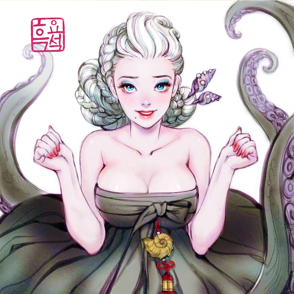 1girl adobe_fresco black_dress blue_eyes blue_eyeshadow bow braid breasts breasts_squeezed_together cleavage collarbone dress eyeshadow grey_hair knot korean_clothes korean_text large_breasts makeup mermaid mole monster_girl nail_polish nayoung_wooh octopus red_lips red_nails scylla shell shell_hair_ornament signature solo strapless strapless_dress tassel tentacles the_little_mermaid_(disney) traditional_dress updo ursula_(disney) white_background