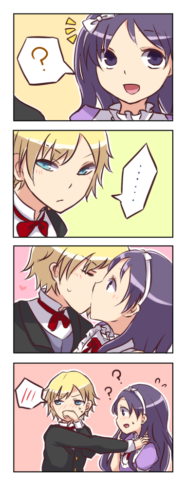 ... 1boy 1girl 4koma ? artist_request blonde_hair blue_eyes blush bow bowtie chloe_ardenne chloe_no_requiem comic confused embarrassed flying_sweatdrops formal_clothes hairband hand_on_another&#039;s_shoulder heart hetero kiss michel_d&#039;alembert open_mouth purple_eyes purple_hair sidelocks speech_bubble spoken_blush spoken_ellipsis spoken_question_mark suit sweat sweatdrop traditional_bowtie wiping_mouth