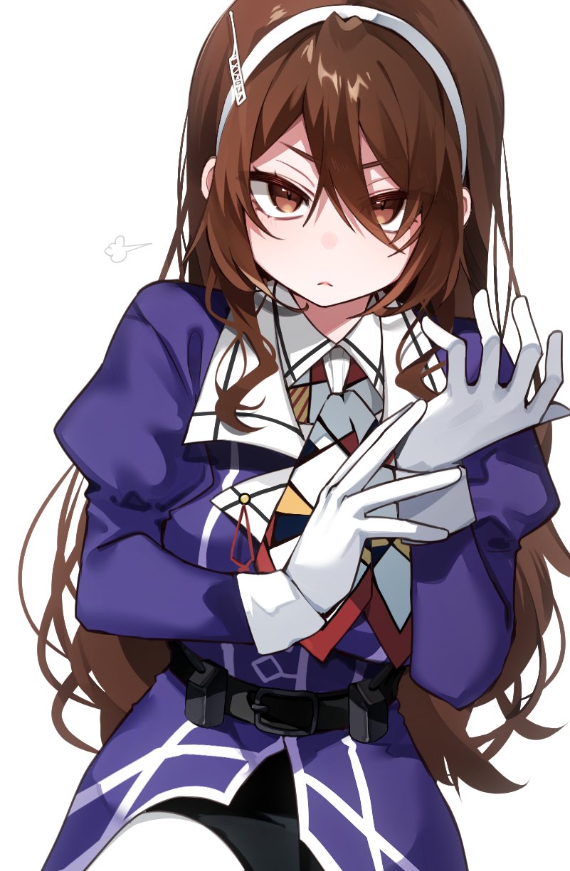 1girl ashigara_(kancolle) ashigara_kai_ni_(kancolle) belt black_skirt brown_eyes brown_hair gloves hairband highres jacket kantai_collection long_hair looking_at_viewer military_uniform multicolored_neckerchief neckerchief pantyhose pencil_skirt purple_jacket simple_background sitting skirt solo tsumikitsuki_(katsuobushi) wavy_hair white_background white_gloves white_hairband white_pantyhose