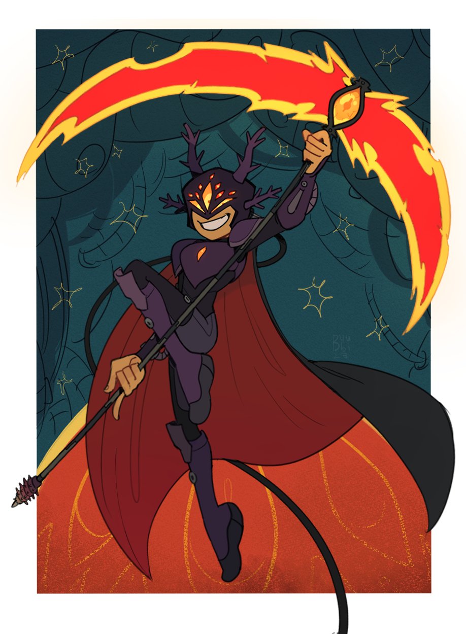 1girl abstract_background amphibia bodysuit border byubiyubi cape extra_eyes full_body helmet highres holding holding_scythe horns marcy_wu scythe smirk solo standing standing_on_one_leg teeth the_core_(amphibia)
