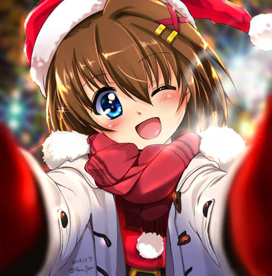 1girl blue_eyes blush brown_hair christmas hair_ornament hat looking_at_viewer lyrical_nanoha mahou_shoujo_lyrical_nanoha mahou_shoujo_lyrical_nanoha_a&#039;s one_eye_closed open_mouth san-pon santa_hat scarf short_hair smile solo upper_body x_hair_ornament yagami_hayate