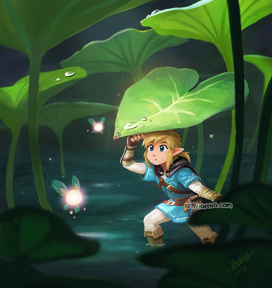 1boy belt bettykwong blonde_hair blue_eyes blue_shirt fairy fingerless_gloves giant_leaf gloves link looking_at_another minish nintendo pointy_ears ponytail shirt sidelocks the_legend_of_zelda the_legend_of_zelda:_breath_of_the_wild the_legend_of_zelda:_the_minish_cap water_drop