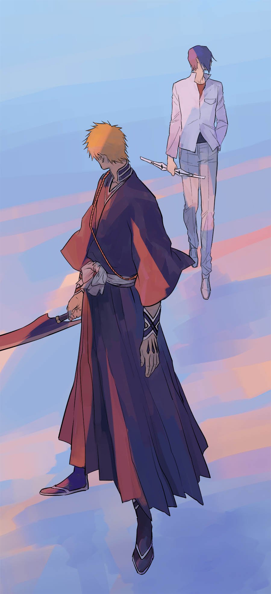 2boys black_hair black_hakama black_kimono bleach bow_(weapon) collared_shirt floating hakama hand_in_pocket highres holding holding_bow_(weapon) holding_sword holding_weapon huangdanlan ishida_uryuu japanese_clothes kimono kurosaki_ichigo male_focus multiple_boys obi orange_hair pants sash shihakusho shirt sword undershirt weapon white_footwear white_pants white_sash white_shirt zangetsu_(shikai)
