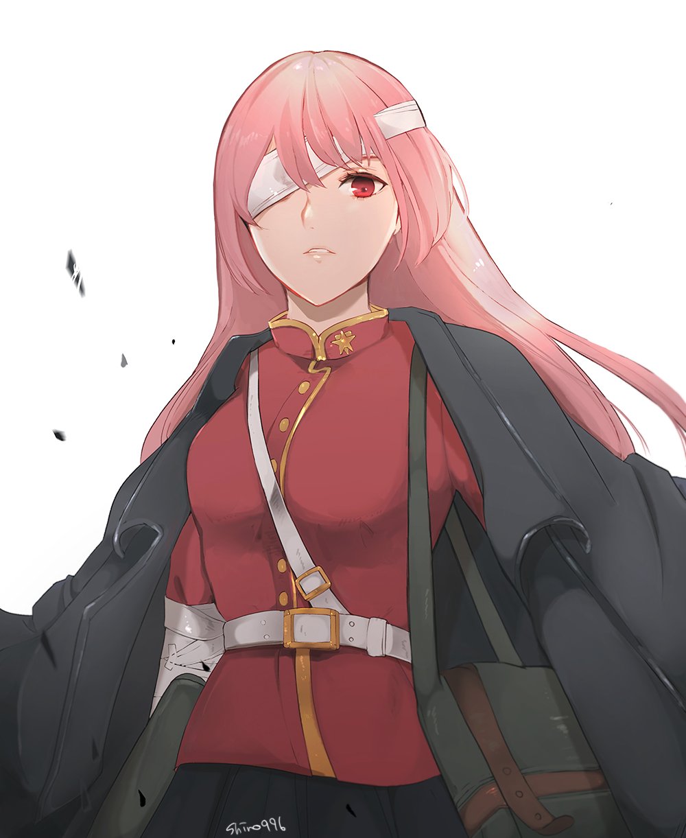 1girl arm_at_side arm_wrap artist_name bad_id bad_twitter_id bag belt between_breasts black_jacket black_skirt blurry breasts buttons commentary_request fate/grand_order fate_(series) female_focus florence_nightingale_(fate) florence_nightingale_(third_ascension)_(fate) green_background hair_over_one_eye highres jacket long_hair looking_at_viewer medium_breasts military military_uniform pink_hair pleated_skirt red_eyes red_shirt shino_(mufn5785) shirt shoulder_bag simple_background skirt solo strap_between_breasts white_background white_belt