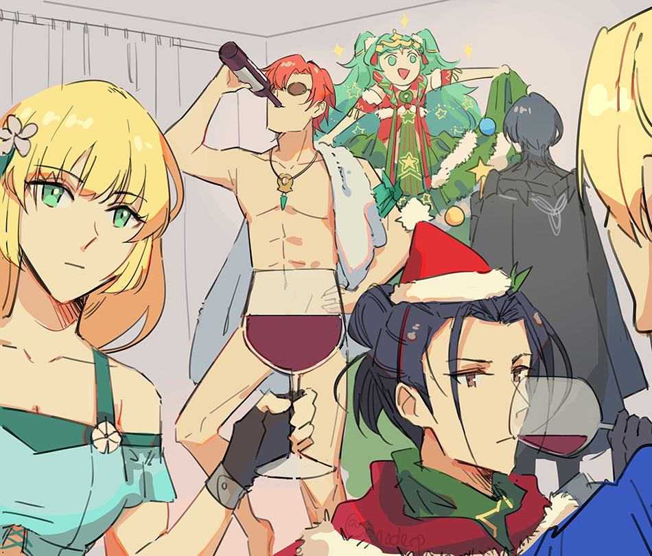 2girls 4boys abs alcohol anocurry armor blonde_hair blue_cape blue_hair braid brown_gloves male_byleth_(fire_emblem) cape christmas christmas_ornaments closed_mouth collarbone convenient_censoring cup derivative_work dimitri_alexandre_blaiddyd dress drinking drinking_glass felix_hugo_fraldarius fingerless_gloves fire_emblem fire_emblem:_three_houses fire_emblem_heroes from_behind fur_trim gloves green_eyes green_hair hair_bun hair_ornament hand_on_own_hip hat holding indoors ingrid_brandl_galatea jewelry long_hair multiple_boys multiple_girls necklace nintendo open_mouth orange_eyes pointy_ears red_hair reference_photo reference_work santa_hat scarf screenshot_redraw short_hair simple_background single_hair_bun smile sothis_(fire_emblem) sunglasses sylvain_jose_gautier tiara towel twin_braids upper_body wine wine_glass