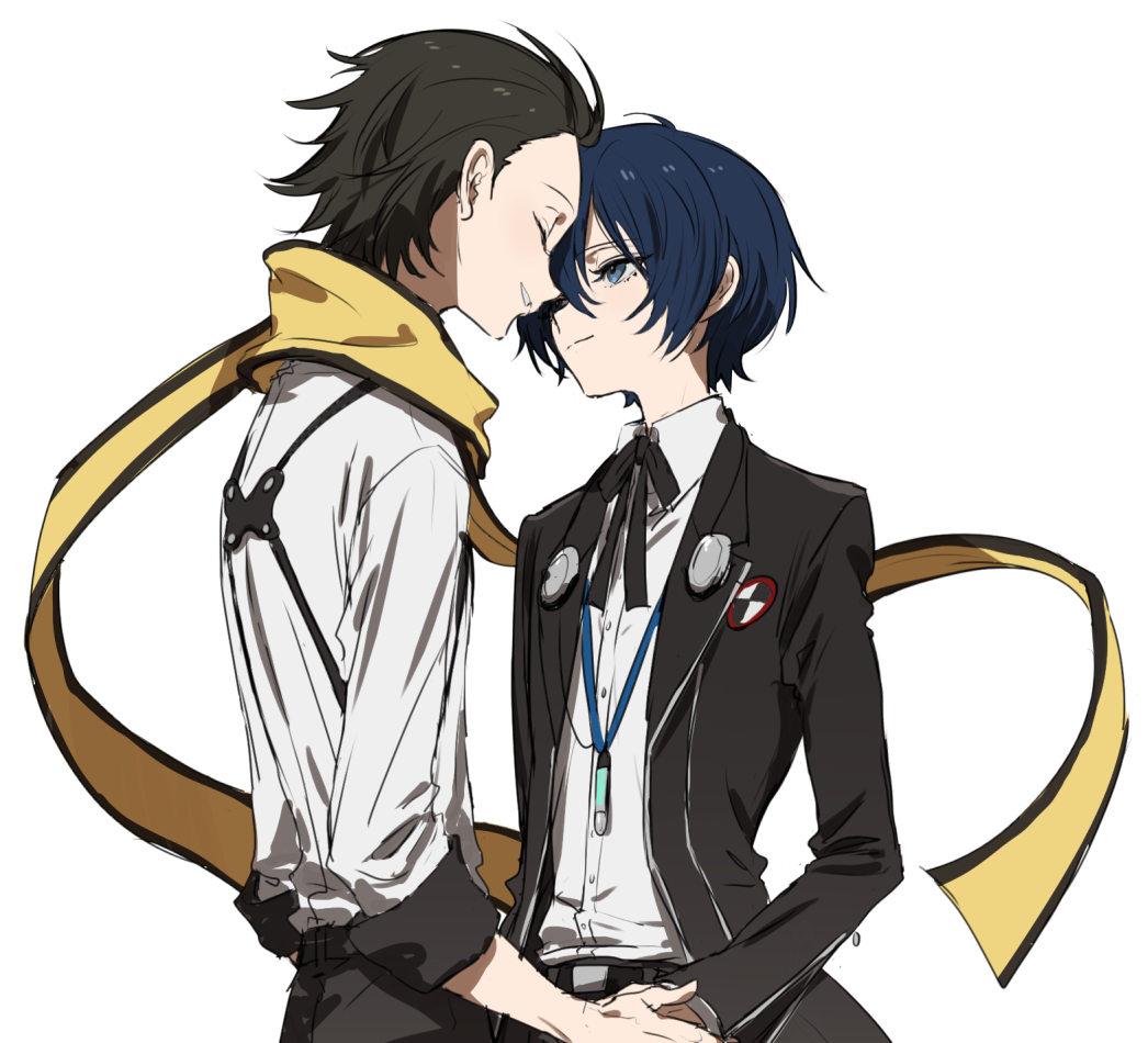 2boys black_hair black_jacket black_ribbon blue_eyes blue_hair closed_mouth collared_shirt commentary_request digital_media_player digital_walkman gekkoukan_high_school_uniform hair_between_eyes heads_together holding_hands jacket long_sleeves male_focus mochizuki_ryouji multiple_boys neck_ribbon open_clothes open_jacket parted_lips persona persona_3 ribbon scarf school_uniform shirt simple_background tamaon_2525 walkman_nw-s203f white_background yaoi yellow_scarf yuuki_makoto_(persona_3)