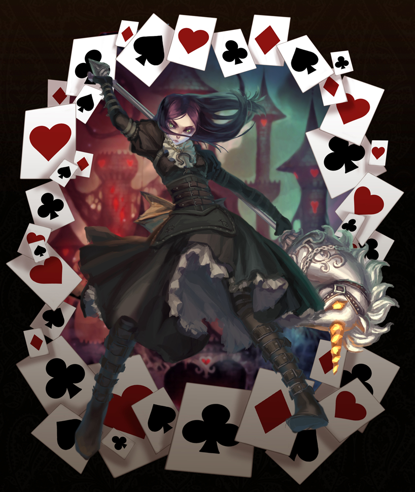 1girl alice:_madness_returns alice_(alice_in_wonderland) alice&#039;s_adventures_in_wonderland alice_liddell_(american_mcgee&#039;s_alice) american_mcgee&#039;s_alice black_hair boots brown_hair card card_background castle female_focus floating_card green_eyes heart heart_card long_hair mizukai solo weapon