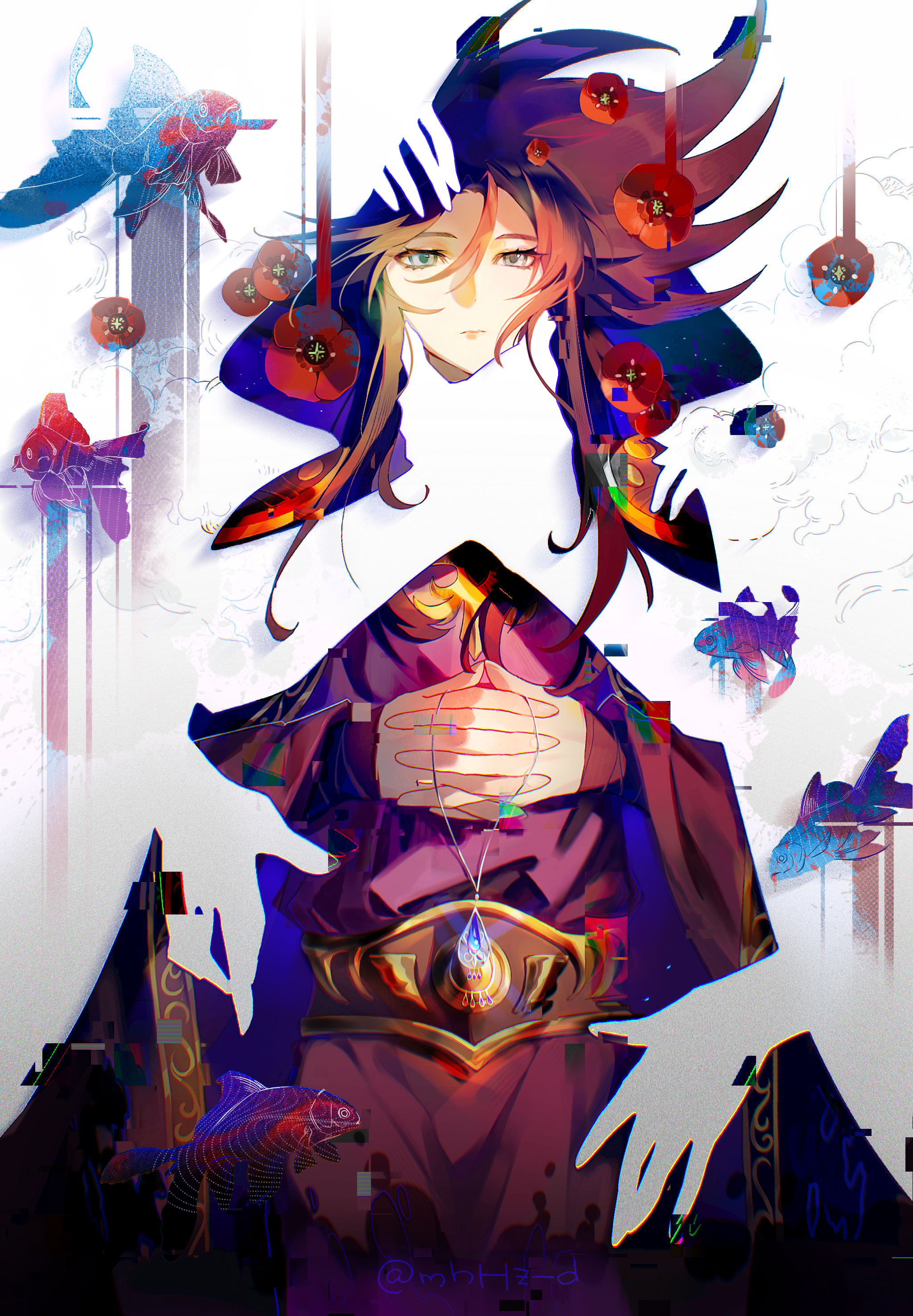 1boy absurdres androgynous andromeda_shun andromeda_shun_(cosplay) bishounen black_hair blending blue_eyes blue_gemstone cape cosplay cowboy_shot diffraction_spikes disembodied_hand expressionless flower gem glitch gold_belt gold_trim hades_(saint_seiya) hand_on_another's_chin hand_on_another's_head hands_on_another's_head high_collar highres jewelry long_hair looking_at_viewer male_focus metal_belt necklace own_hands_together purple_robe red_flower robe saint_seiya snowflake_(diodarja) solo spiked_hair white_background