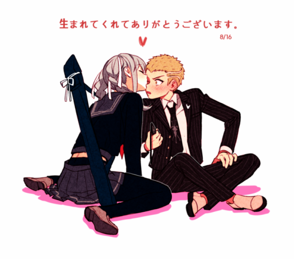 1boy 1girl black_jacket black_pants black_pantyhose black_serafuku black_shirt black_skirt black_suit blonde_hair blush braid collared_shirt commentary_request danganronpa_(series) danganronpa_2:_goodbye_despair dg_xhs formal_clothes full_body grey_hair hand_on_own_leg heart hetero jacket kiss kissing_eye kuzuryu_fuyuhiko long_hair long_sleeves looking_at_another open_mouth pants pantyhose pekoyama_peko pleated_skirt school_uniform serafuku shirt shoe_soles shoes short_hair sitting skirt suit surprised translation_request twin_braids white_background white_shirt