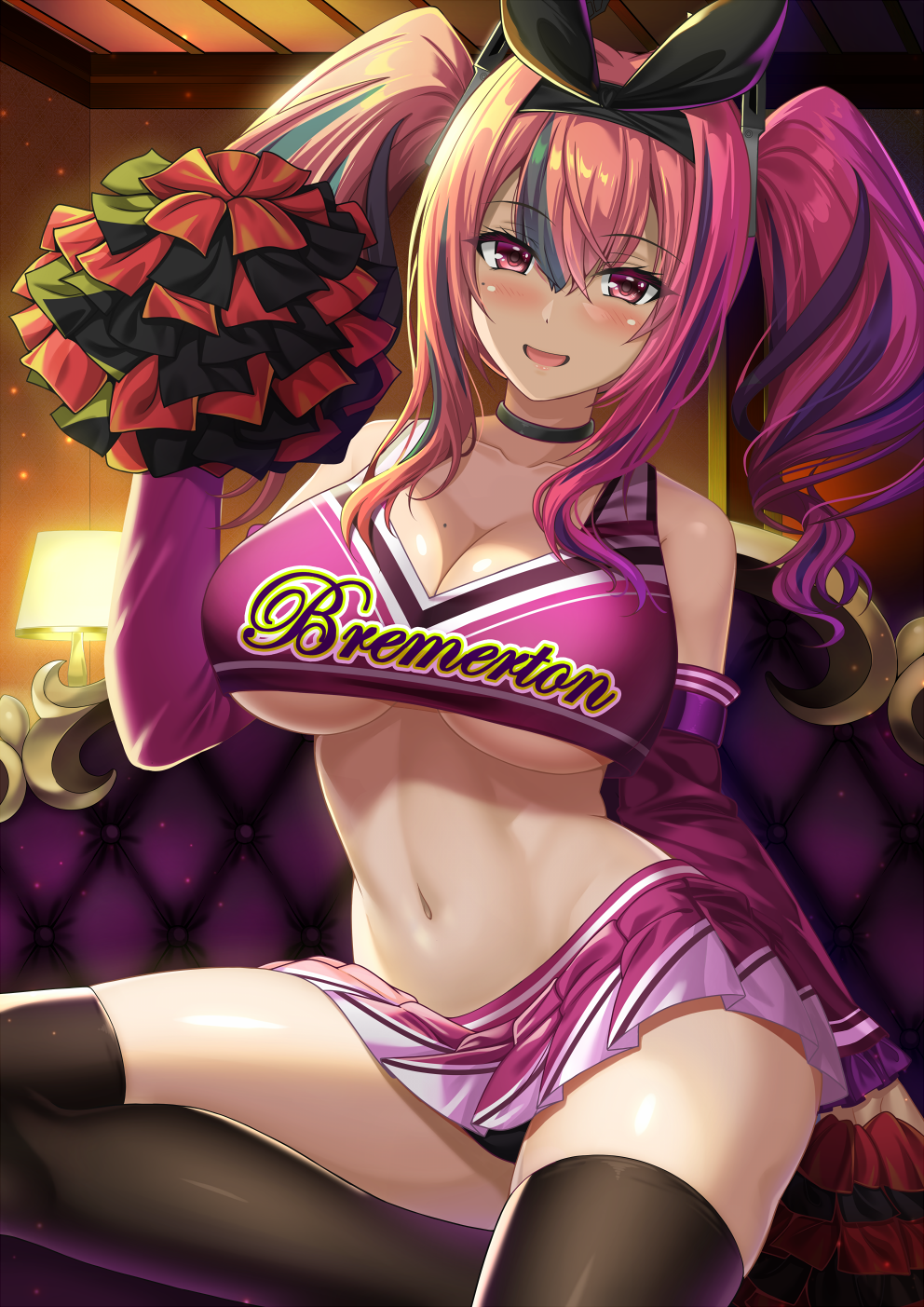 1girl azur_lane bare_shoulders blush breasts bremerton_(azur_lane) cheerleader choker cleavage collarbone crop_top grey_hair hair_intakes highres large_breasts long_hair looking_at_viewer miniskirt multicolored_hair navel open_mouth panties pink_eyes pink_hair shibata_rai skirt smile solo streaked_hair thighhighs thighs twintails underboob underwear upskirt