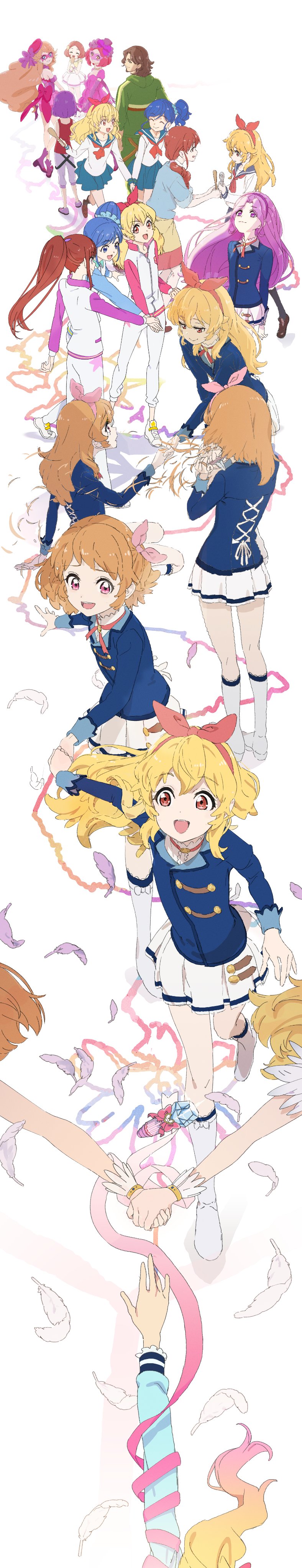 1boy 6+girls :d absurdres aikatsu! aikatsu!_(series) aikatsu_stars! arm_at_side arms_behind_back bare_shoulders beard black_socks blonde_hair blue_eyes blue_hair blue_sailor_collar blue_scrunchie blue_shirt blue_skirt boots bow bow_hairband brown_eyes brown_footwear brown_hair clenched_hand closed_eyes commentary cutting_hair cutting_own_hair dot_nose dress dual_persona elbow_gloves eye_contact facial_hair falling_feathers feathers floating_hair forehead fox_mask from_behind from_side front_ponytail full_body gloves gradient_hair green_eyes green_hoodie green_pants grin hair_bow hair_ornament hair_scrunchie hairband hand_on_another&#039;s_hand hand_on_ground hand_on_own_thigh hand_up hands_up hat hat_bow heart heart_hair_ornament high_heels highres holding holding_hands holding_microphone holding_scissors hood hood_down hoodie hoshimiya_ichigo hoshimiya_ringo_(aikatsu!) idol in-franchise_crossover jewelry johnny_beppu kanzaki_mizuki kiriya_aoi leaning_forward legs_apart legs_together loafers long_hair long_image long_sleeves looking_at_another looking_at_viewer looking_up low_ponytail mask masquerade_mask medium_hair medium_skirt microphone miniskirt mitsuishi_orihime mother_and_daughter multicolored_hair multiple_girls multiple_views neckerchief necklace nijino_yume official_alternate_hairstyle open_mouth orange_hair out_of_frame outstretched_arm ozora_akari pants parted_bangs pearl_necklace pink_bow pink_dress pink_eyes pink_hair pink_hairband pink_hat pink_sash pink_scrunchie pleated_skirt ponytail purple_bow purple_eyes purple_footwear purple_gloves purple_hair purple_hairband purple_shorts red_bow red_eyes red_hair red_hairband red_neckerchief red_shirt red_skirt running sailor_collar saitou_atsushi_(kamatamanankotu) sash school_uniform scissors scrunchie shibuki_ran shirt shoes short_dress shorts side_ponytail sidelocks sideways_mouth simple_background sitting skirt sleeveless sleeveless_shirt sleeves_rolled_up smile socks sportswear standing star_harmony_academy_school_uniform straight_hair tall_image tears teeth thighhighs two-tone_hair two-tone_skirt upper_teeth_only v-shaped_eyebrows wariza white_background white_footwear white_pants white_shirt white_skirt wrist_cuffs yellow_eyes yellow_shirt yellow_skirt yotsuboshi_academy_school_uniform zettai_ryouiki