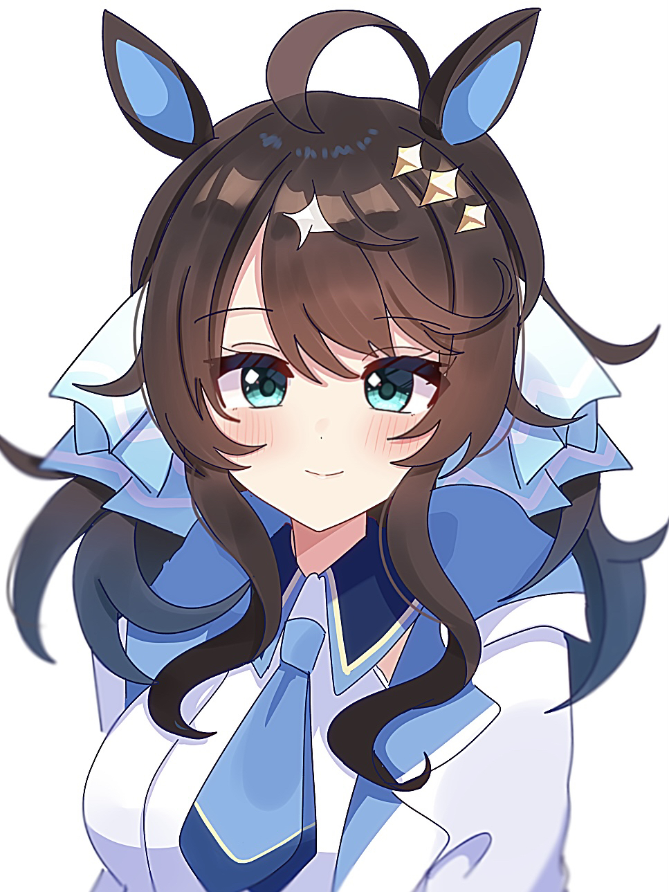 1girl ahoge animal_ears black_hair blue_eyes blush breasts closed_mouth commentary_request daring_tact_(umamusume) hair_between_eyes hair_ornament highres horse_girl jacket long_hair looking_at_viewer medium_breasts shiroiro_obake solo star_(symbol) star_hair_ornament umamusume white_background