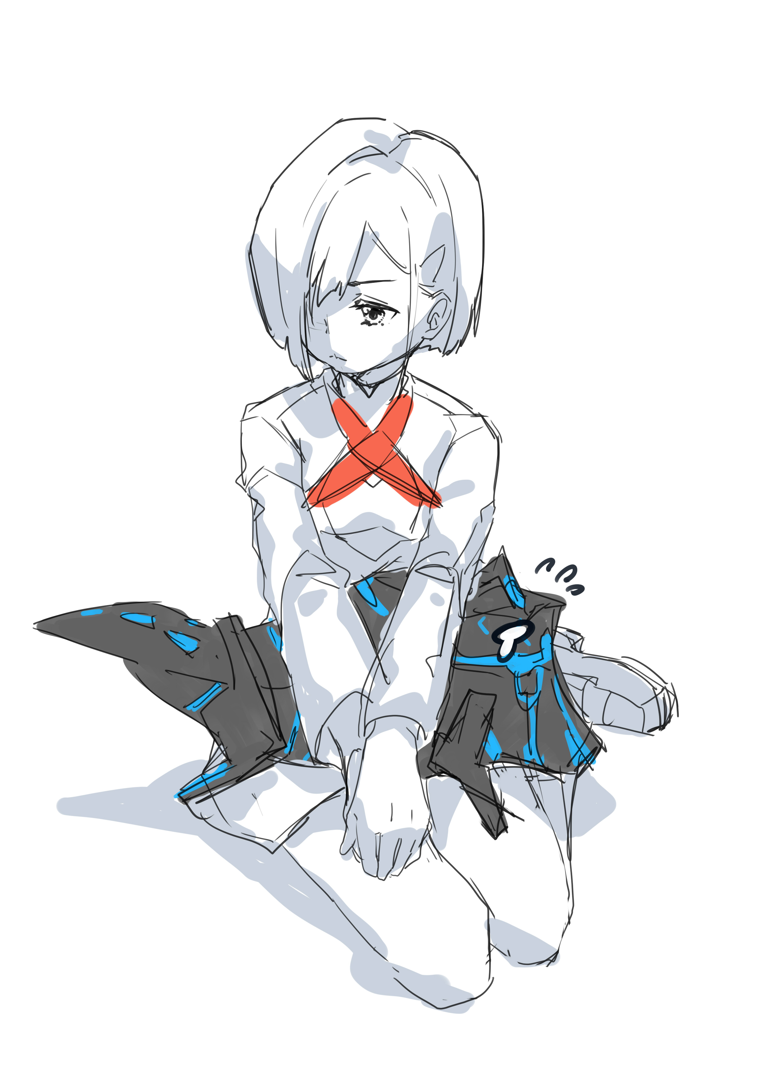 1girl absurdres asymmetrical_hair averting_eyes bob_cut closed_mouth creature creature_on_lap darling_in_the_franxx dress expressionless flying_sweatdrops hair_over_one_eye highres holding holding_creature ichigo_(darling_in_the_franxx) kross_(kira89757) kyoryuu loafers long_sleeves looking_to_the_side military_uniform on_ground own_hands_together partially_colored shadow shoes short_hair sitting sketch solo tearing_up v_arms yokozuwari