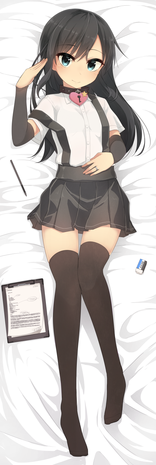 10s 1girl arm_warmers asashio_(kancolle) bad_id bad_twitter_id black_hair black_thighhighs blue_eyes clipboard collar dakimakura_(medium) detached_sleeves eraser female_focus full_body heart heart-shaped_lock heart_lock heart_lock_(kantai_collection) highres jewelry kantai_collection knees_together_feet_apart long_hair looking_at_viewer lying on_back on_bed pencil pleated_skirt ring salute school_uniform see-through_clothes skirt smile solo suspenders thighhighs tsurime wedding_band yopan_danshaku zettai_ryouiki