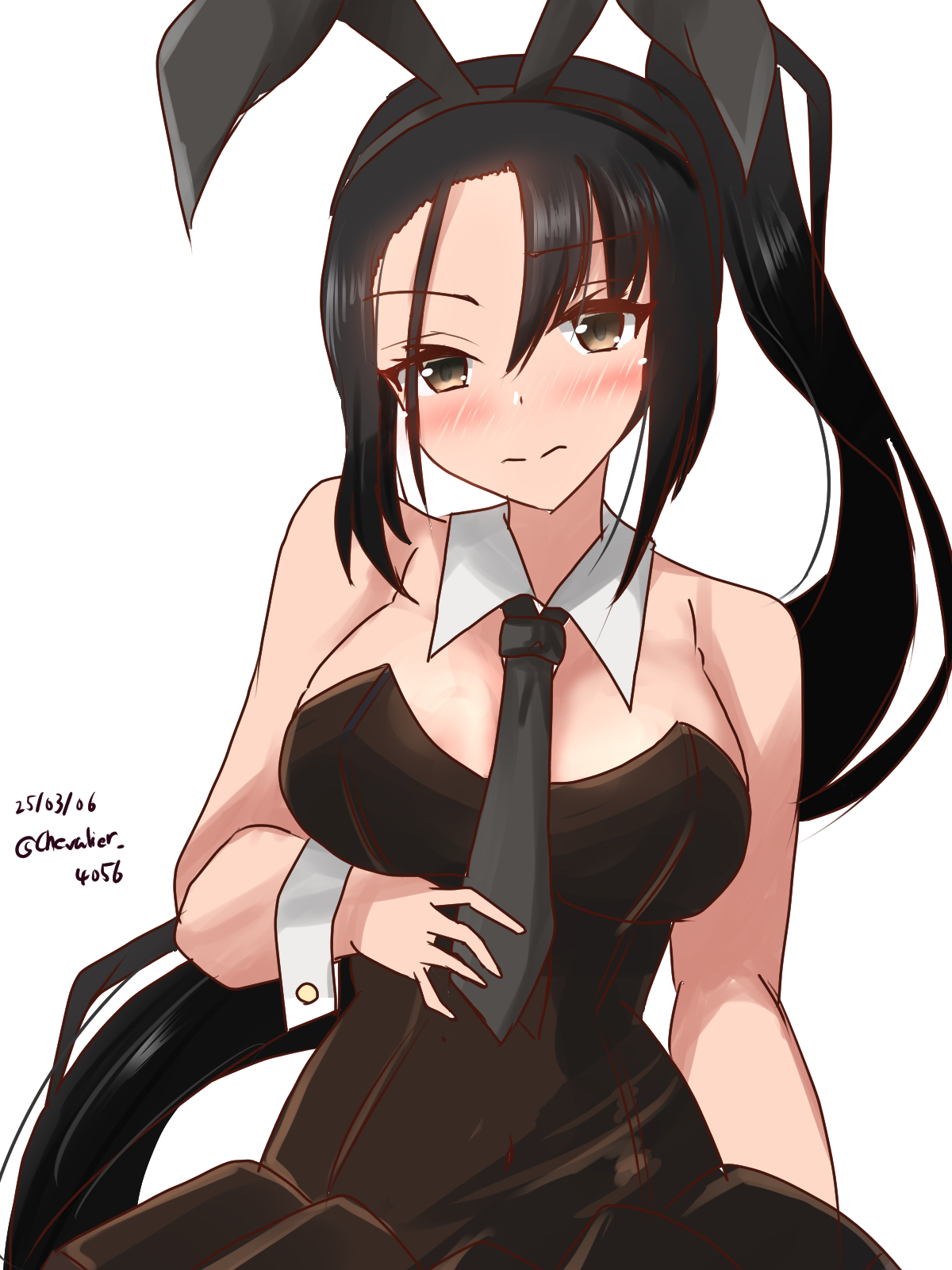 animal_ears black_dress black_necktie blush breasts cleavage dress embarrassed fake_animal_ears highres kantai_collection leotard looking_at_viewer medium_breasts nachi_(kancolle) necktie playboy_bunny rabbit_ears sawatani_(chevalier_04056) strapless strapless_dress upper_body