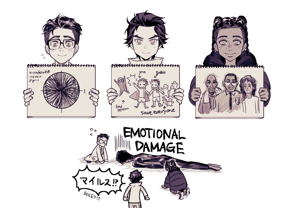 4boys aaron_davis afro aged_down bilingual_text black_bodysuit blush bodysuit chemical_structure child child&#039;s_drawing dark-skinned_male dark_skin down_jacket drawing_(object) dreadlocks emotional_damage_(meme) face_down fainted flying_sweatdrops gabriel_o&#039;hara glasses holding holding_sketchbook jacket jefferson_morales jonathan_ohnn male_focus marvel meme miguel_o&#039;hara miles_g._morales miles_morales mixed-language_text monochrome mozu_suka multiple_boys rio_morales sketchbook smile spider-man:_across_the_spider-verse spider-man_(miles_morales) spider-man_(series) spider-verse thick_eyebrows turn_pale
