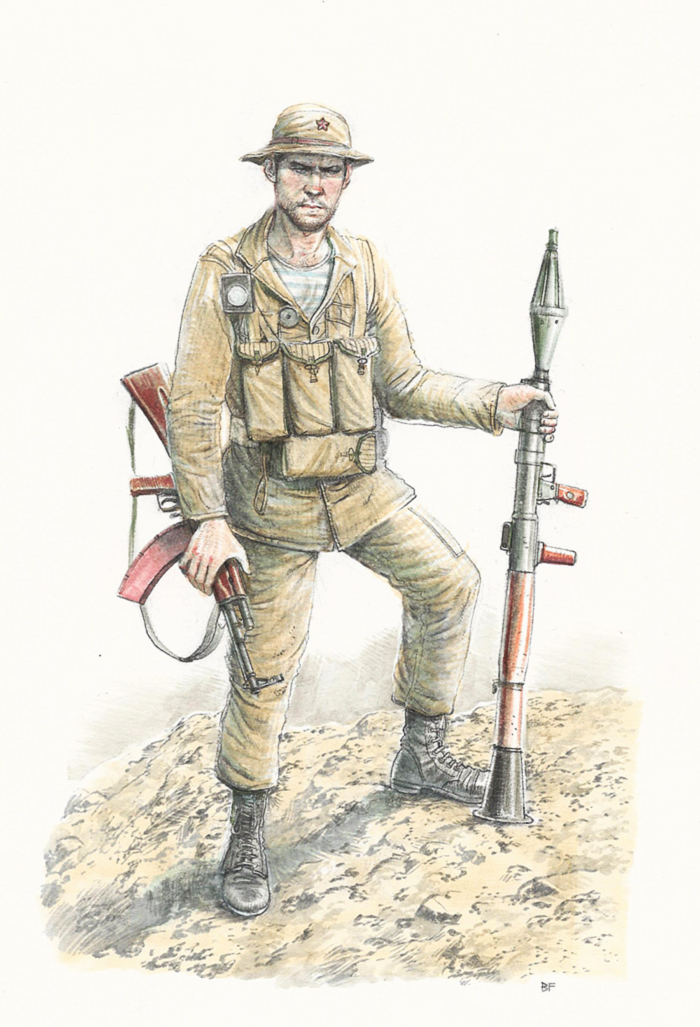 1boy akm ammunition_pouch assault_rifle black_boots blue_shirt boots brown_jacket brown_pants cargo_pants chest_rig closed_mouth combat_boots commentary dirt english_commentary facial_hair full_body gun gun_sling hat holding holding_gun holding_weapon jacket jesusfood kalashnikov_rifle lips load_bearing_equipment long_sleeves marker_(medium) military military_hat military_jacket military_uniform nose open_collar original pants partially_unbuttoned pouch red_star rifle rocket_launcher rpg rpg-7 rpg_(weapon) serious shaded_face shirt soil solo soviet soviet_army standing star_(symbol) straight-on striped_clothes striped_shirt t-shirt telnyashka traditional_media war_in_afghanistan weapon white_shirt