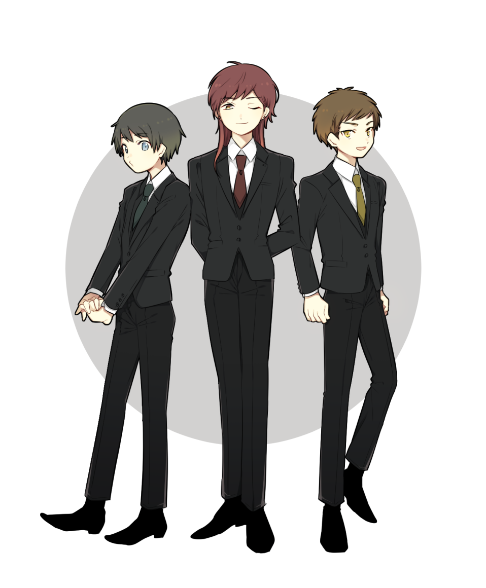 3boys ahoge arms_behind_back arne_no_jikenbo black_jacket black_pants black_shoes black_suit blazer blue_eyes brown_hair business_suit buttons character_request circle clenched_hands closed_mouth collared_jacket collared_shirt commentary commentary_request dress_pants dress_shoes english_commentary formal_clothes full_body grey_hair grey_necktie happy jacket korean_commentary lapels layered_sleeves long_hair looking_at_viewer male_focus mixed-language_commentary multiple_boys neckerchief necktie notched_lapels o3o one_eye_closed own_hands_together pants red_hair red_necktie shirt shoes short_hair shuntaro_(tya_nya0000) smile standing suit white_background white_shirt yellow_eyes yellow_neckerchief