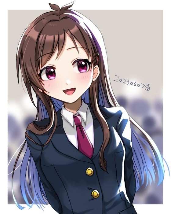 1girl antenna_hair ayaca blazer blush brown_hair collared_shirt dated hair_ornament hairclip idolmaster idolmaster_cinderella_girls jacket long_hair looking_to_the_side necktie open_mouth pink_eyes shirt smile solo tsujino_akari white_shirt