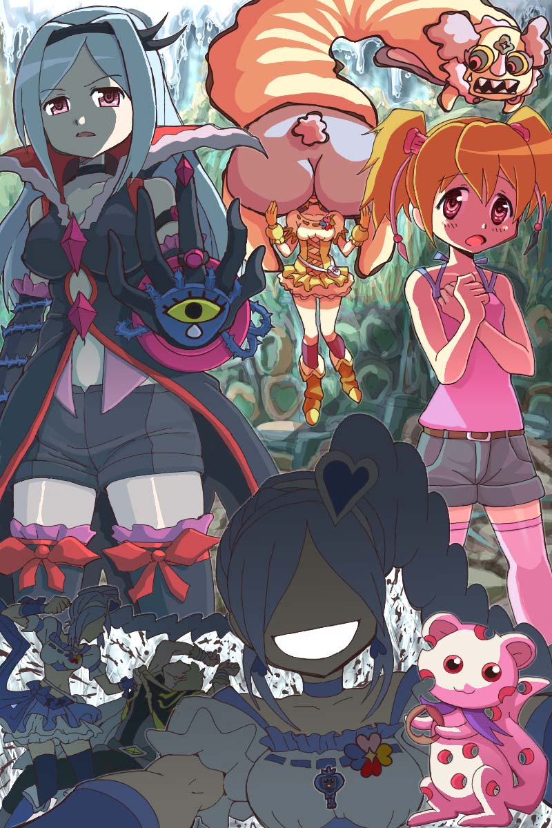 4girls aono_miki burun charlotte_(madoka_magica) chiffon_(fresh_precure!) color_connection cure_berry cure_pine dark_persona eas_(fresh_precure!) fresh_precure! higashi_setsuna highres kitamura_eri kyubey magical_girl mahou_shoujo_madoka_magica mahou_shoujo_madoka_magica_(anime) mami_mogu_mogu mitsurou momozono_love multiple_girls name_connection nishi_hayato parody precure tart_(fresh_precure!) thighhighs unbirthing voice_actor_connection wester wester_(fresh_precure!) yamabuki_inori