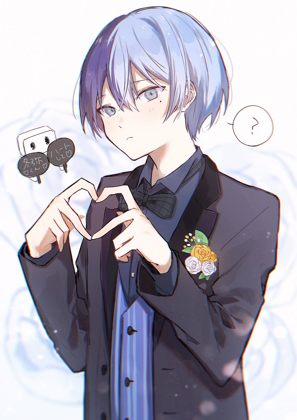 1boy ? aoyagi_touya tofu_(project_sekai) black_bow black_bowtie blazer blue_hair blush bow bowtie buttons closed_mouth dark_blue_hair finger_heart floral_background flower formal_clothes grey_eyes hair_between_eyes highres holding jacket jishio junpaku_no_anata_e_chikai_no_uta_wo!_(project_sekai) lapels long_sleeves looking_at_viewer male_focus mole mole_under_eye multicolored_hair notched_lapels official_alternate_costume open_clothes open_jacket orange_flower project_sekai short_hair split-color_hair spoken_question_mark two-tone_hair upper_body