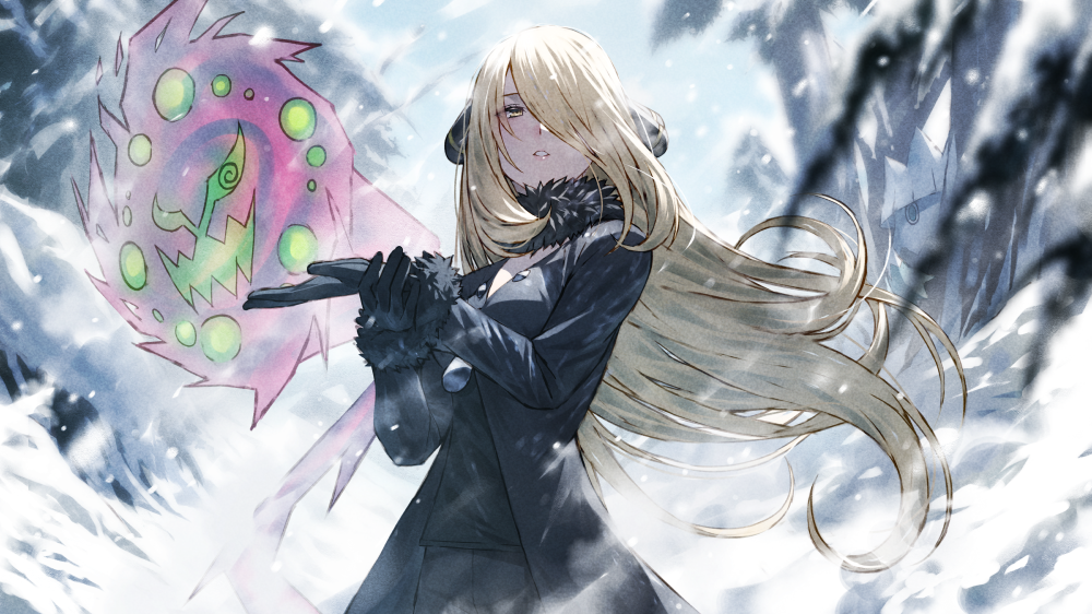1girl 2others black_coat black_collar black_gloves black_pants black_shirt blizzard blonde_hair coat collar commentary_request cowboy_shot cynthia_(pokemon) day fagi_(kakikaki) floating_hair fur-trimmed_gloves fur_collar fur_trim game_freak gen_4_pokemon gloves hair_ornament hair_over_one_eye long_hair long_sleeves making-of_available multiple_others nintendo outdoors paid_reward_available pants parted_lips partial_commentary pokemon pokemon_(creature) pokemon_dppt shirt snover snow spiritomb standing v-neck yellow_eyes