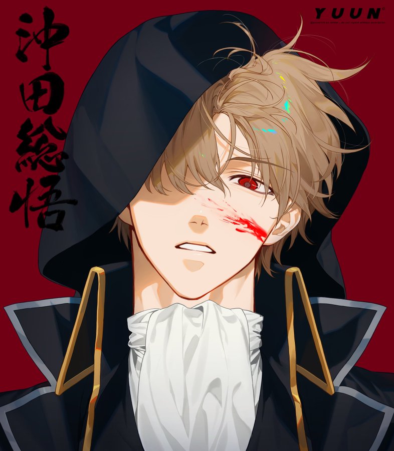 1boy ascot black_hood blood blood_on_face brown_hair commentary_request gintama hair_over_one_eye hood hood_up jacket looking_at_viewer male_focus military_uniform okita_sougo one_eye_covered parted_lips portrait red_background red_eyes shinsengumi_(gintama) short_hair solo translation_request white_ascot yuun_(yuun0110)