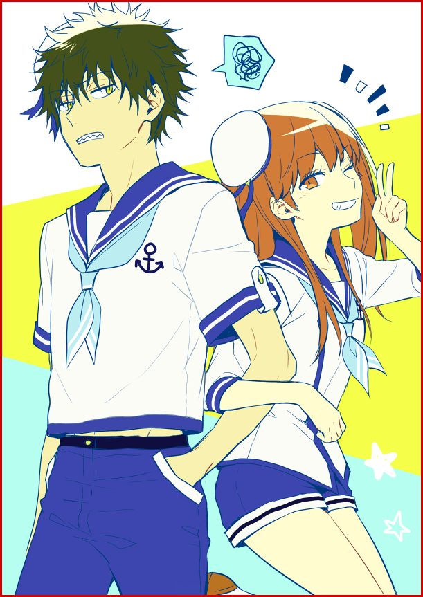 1boy 1girl 7100potechi aqua_background blue_neckerchief blue_pants blue_shorts border brown_hair cowboy_shot grin hand_up hat jumping kageura_masato locked_arms long_hair long_sleeves looking_at_viewer matching_outfits multicolored_background neckerchief nire_hikari one_side_up orange_eyes orange_hair pants red_border sailor_collar sharp_teeth short_hair short_sleeves shorts sideways_glance three-quarter_sleeves smile spoken_squiggle squiggle standing teeth v white_headwear world_trigger yellow_background yellow_eyes