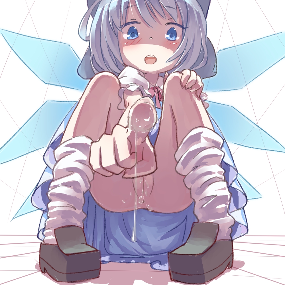 1girl :o anus ass blouse blue_dress blue_eyes blue_hair blush bottomless brown_shoes cirno cleft_of_venus coffee_(ecafree2) collared_shirt dress fairy fairy_wings female_focus from_below full_body ice ice_wings index_finger_raised loafers loli looking_at_viewer looking_down loose_socks matching_hair/eyes no_panties no_pants open_mouth parted_lips pigeon-toed pointing pointing_at_viewer puffy_short_sleeves puffy_sleeves pussy pussy_juice pussy_juice_on_fingers pussy_juice_trail ribbon shaded_face shirt shoes short_hair short_sleeves simple_background smile socks solo squatting teeth tongue touhou uncensored white_background white_shirt white_socks wings