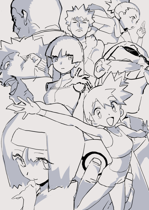 4boys 4girls :d asymmetrical_hair blaine_(pokemon) blunt_bangs breasts brock_(pokemon) closed_mouth crop_top erika_(pokemon) eyelashes facial_hair giovanni_(pokemon) gym_leader hairband headband janine_(pokemon) long_hair looking_at_viewer misty_(pokemon) monochrome multiple_boys multiple_girls nintendo open_mouth outstretched_arms pokemon pokemon_ pokemon_frlg pokemon_hgss ponytail sabrina_(pokemon) scarf short_hair side_ponytail simple_background sleeveless smile spiked_hair spread_arms sunglasses surge_(pokemon) swimsuit tank_top white_background wristband