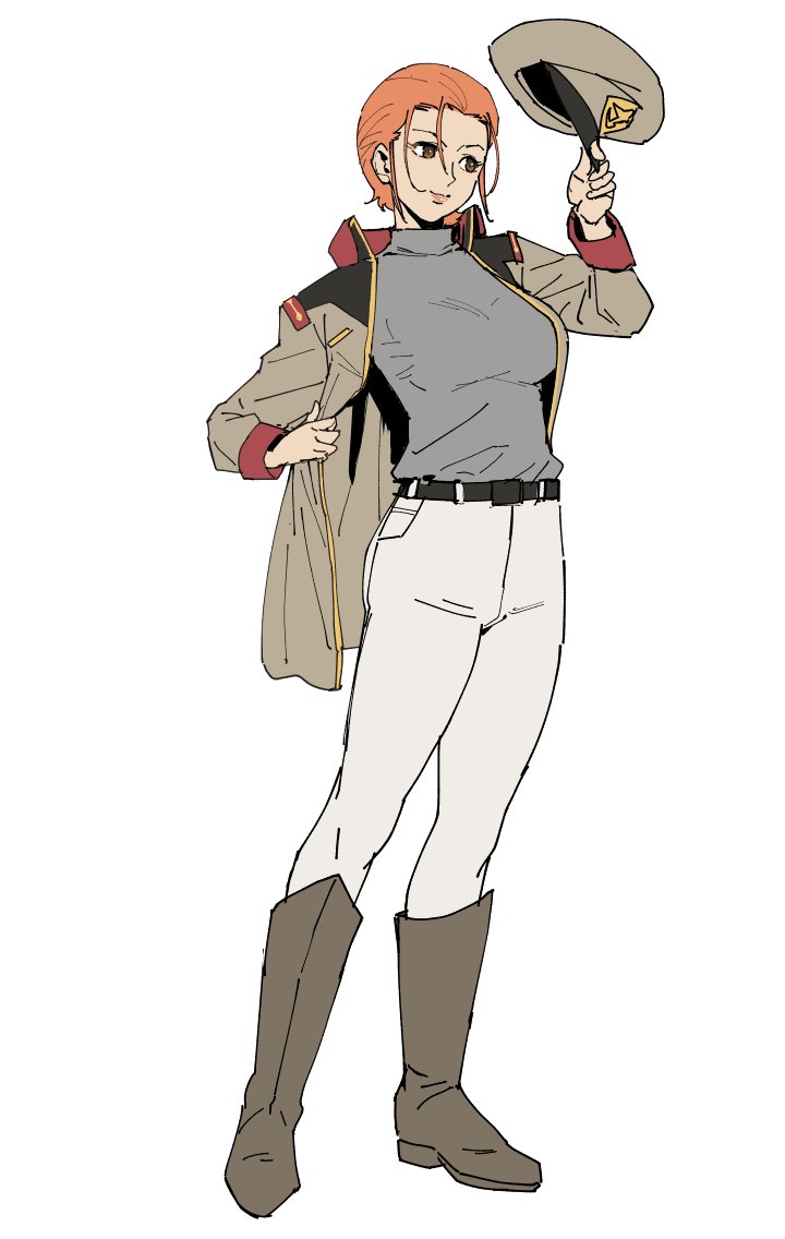 boots breasts exocet_(exocet4) female_focus gundam hat large_breasts matilda_ajan military_uniform mobile_suit_gundam orange_hair short_hair solo unworn_hat unworn_headwear