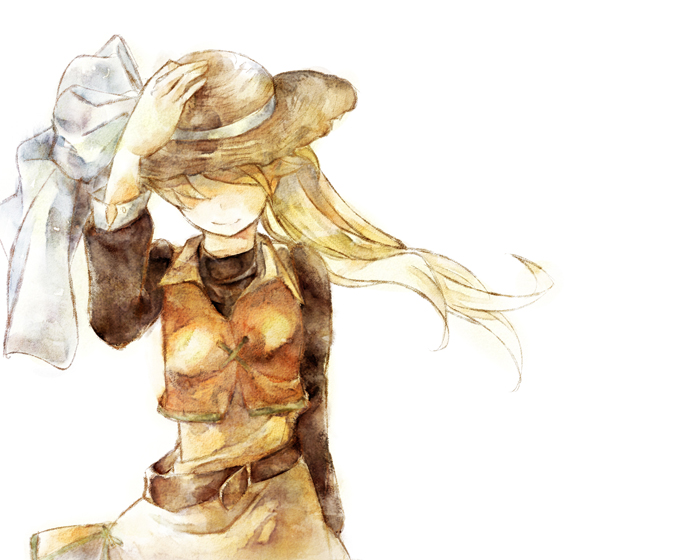 1990s_(style) 1girl blonde_hair bow dress female_focus hat hat_over_eyes long_hair nintendo pokemon pokemon_adventures pokemon_rgby ponytail retro_artstyle simple_background smile solo sun_hat tachiuo_(arines) vest yellow_(pokemon) yellow_dress