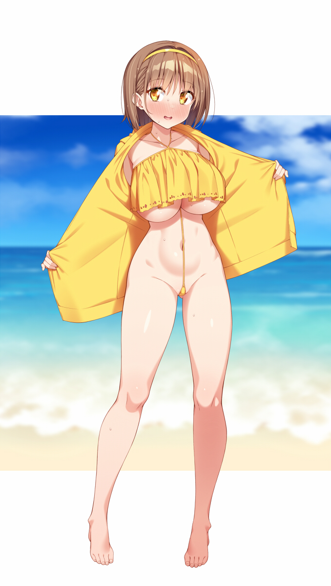 1girl beach blue_sky blurry blurry_background blush breasts brown_hair cloud commentary_request day full_body hairband highres hotaka_mai jacket kazuma_(kazumav) large_breasts letterboxed long_sleeves navel ocean open_clothes open_jacket open_mouth original outdoors short_hair sky slingshot_swimsuit smile solo standing swimsuit teeth toes underboob upper_teeth_only yellow_eyes yellow_jacket