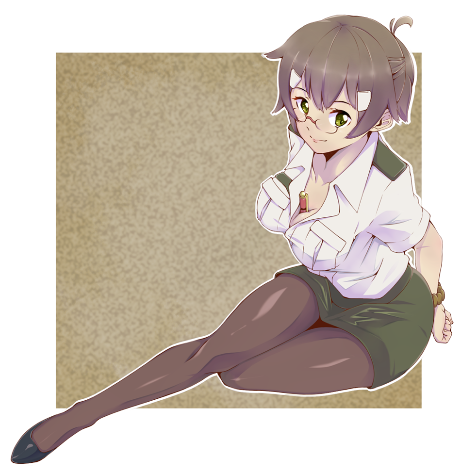 bdsm between_breasts bondage bound bound_wrists breasts brown_hair cleavage glasses green_eyes koganuma_minori legs mu_minn_papa outbreak_company pantyhose pencil_skirt skirt smile