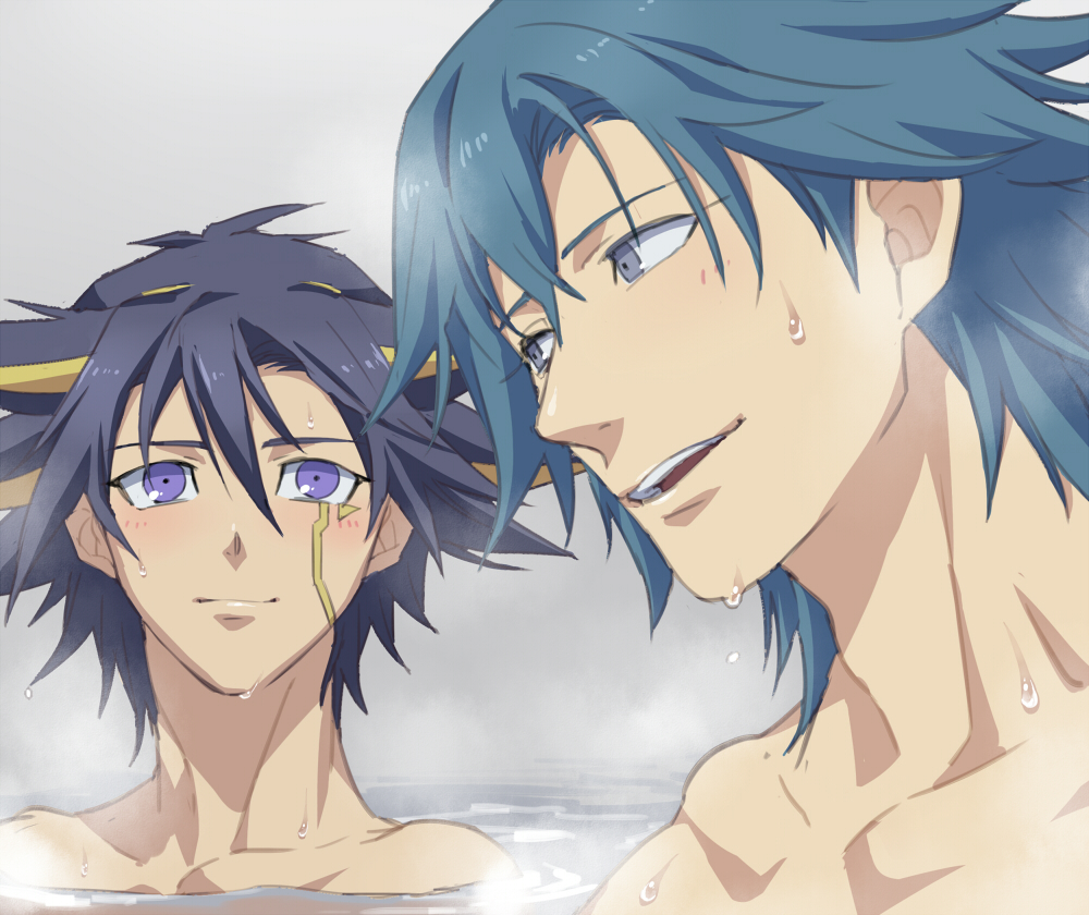 2boys black_hair blue_eyes blue_hair bruno_(yu-gi-oh!) closed_mouth collarbone commentary_request fudo_yusei grey_background grey_eyes hair_between_eyes hot looking_at_another male_focus multicolored_hair multiple_boys open_mouth same-sex_bathing shared_bathing smile spiked_hair streaked_hair sweat talgi teeth water yu-gi-oh! yu-gi-oh!_5d&#039;s
