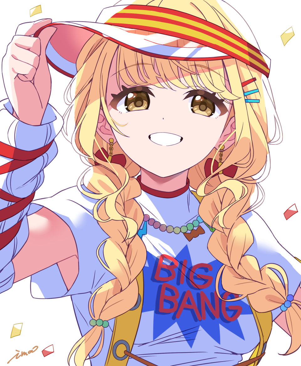 1girl adjusting_clothes adjusting_headwear bead_necklace beads blonde_hair braid confetti dot_nose fujita_kotone gakuen_idolmaster grin hair_ornament hairclip hand_up idolmaster ima_(lm_ew) jewelry long_hair looking_at_viewer necklace print_shirt ribbon_earrings shirt short_sleeves signature simple_background smile solo suspenders text_print twin_braids upper_body visor_cap white_arm_warmers white_background white_shirt yellow_big_bang!_(idolmaster) yellow_eyes