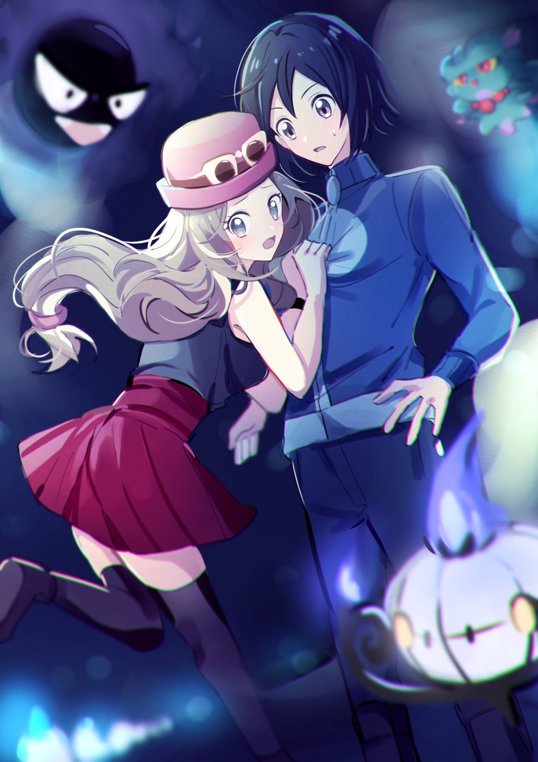 1boy 1girl black_hair black_thighhighs blue_jacket breasts calem_(pokemon) chandelure clothes_grab commentary_request eyewear_on_headwear gastly gen_1_pokemon gen_2_pokemon gen_5_pokemon grey_eyes hands_up hat highres jacket jacket_grab leg_up long_hair long_sleeves misdreavus nintendo pants pleated_skirt pokemon pokemon_(creature) pokemon_xy red_skirt sakuya_990331 scared serena_(pokemon) shirt short_hair skirt sleeveless sleeveless_shirt sunglasses sweatdrop thighhighs