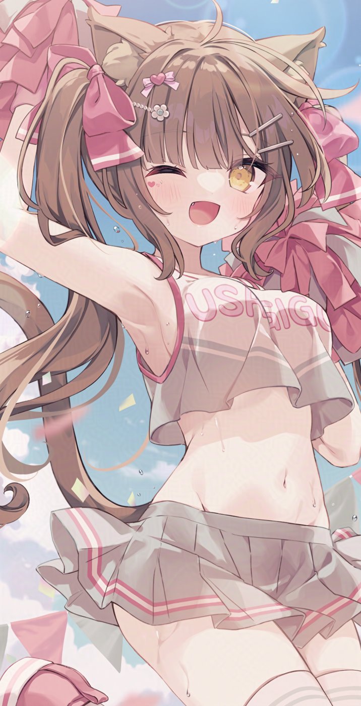 1girl :d armpits arms_up blunt_bangs blush breasts brown_hair cheerleader commentary cowboy_shot crop_top cropped_shirt day english_commentary fang grey_shirt grey_skirt hair_ornament hair_ribbon hairclip highres holding holding_pom_poms hoshi_(snacherubi) legs_up long_hair looking_at_viewer medium_breasts midriff navel open_mouth original outdoors pink_ribbon pink_thighhighs pleated_skirt pom_pom_(cheerleading) pom_poms red_shoes ribbon shirt shoes skirt sleeveless sleeveless_shirt smile solo sweat thighhighs twintails yellow_eyes